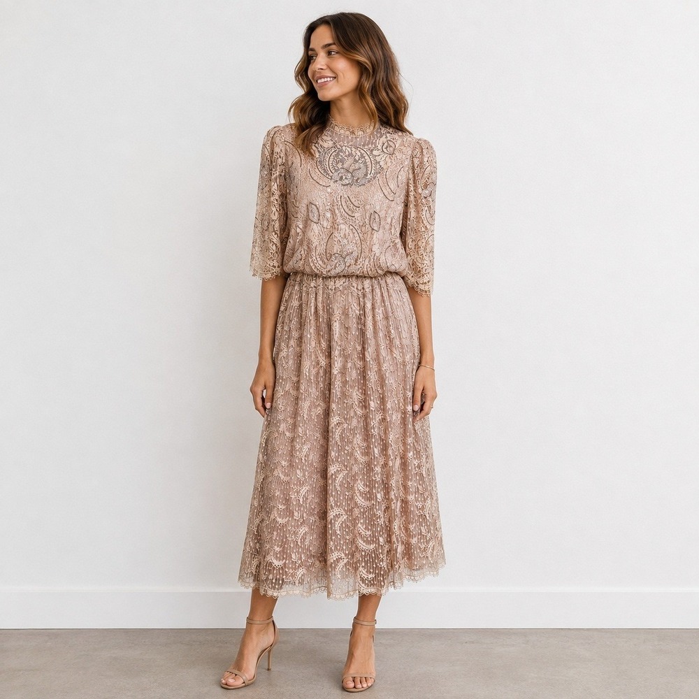 VTG Rina di Montella Lace Midi Dress 10 Champagne Sequin Beaded Cocktail Cottage